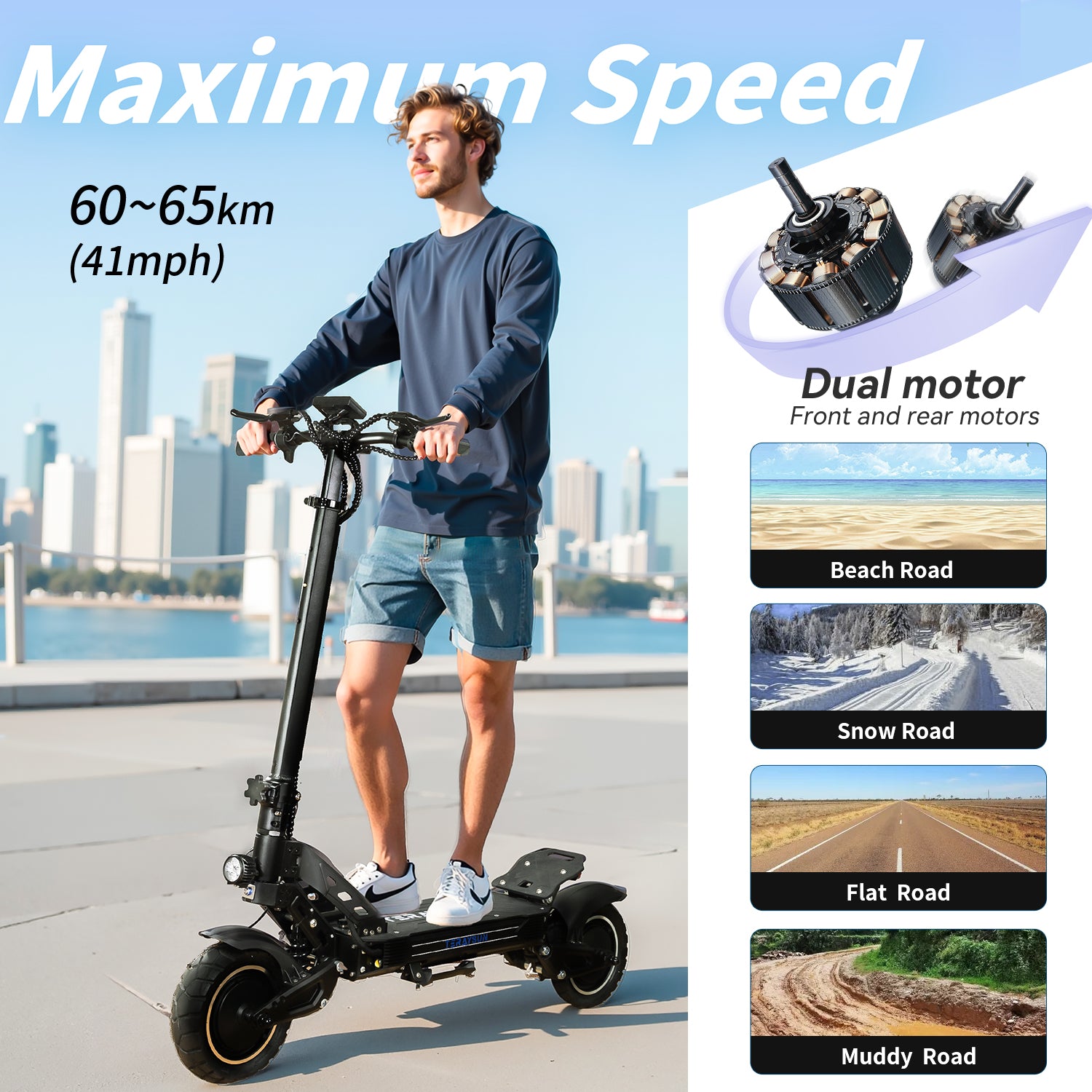 Dual Motor Foldable Electric Scooter with Seat – 41mph Max Speed Off-Road & City Commute E-Scooter for Adults